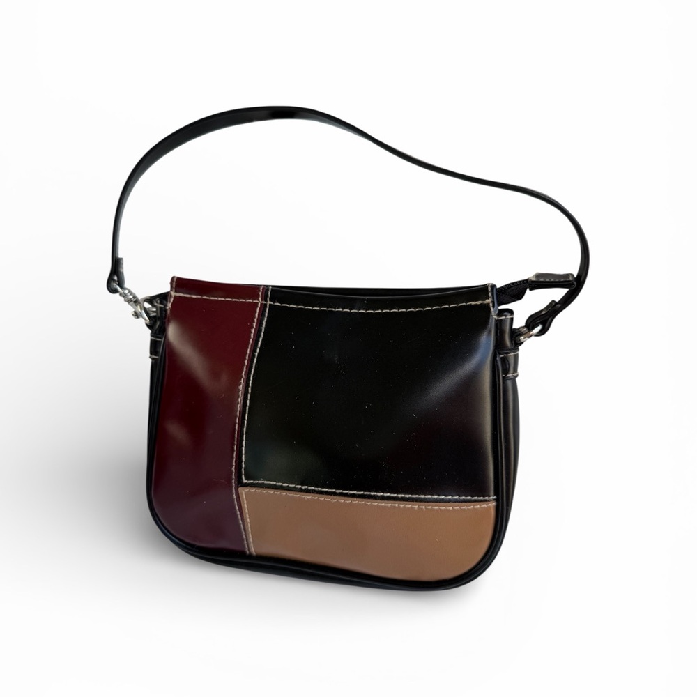 Vintage Y2K Colorblock Mini Shoulder Bag Black Red Tan Faux Leather Small Purse